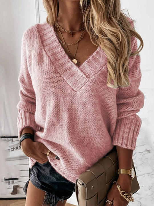 Heidi-Mode | Pullover Einfarbig V-Ausschnitt Langarm Damen Lässig Weit Winter
