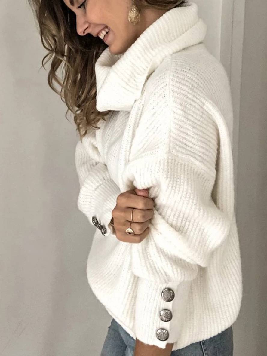 Heidi-Mode | Einfarbiger Pullover Knöpfe Hoher Kragen Lange Ärmel Frauen Lässige Mode Oversized Relaxed Winteroberteile