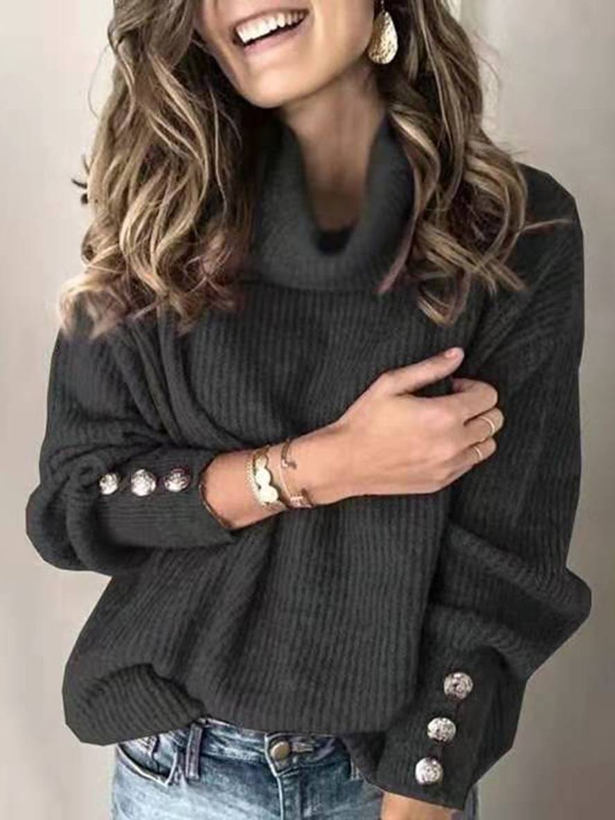Heidi-Mode | Einfarbiger Pullover Knöpfe Hoher Kragen Lange Ärmel Frauen Lässige Mode Oversized Relaxed Winteroberteile