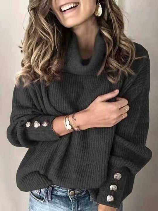 Heidi-Mode | Einfarbiger Pullover Knöpfe Hoher Kragen Lange Ärmel Frauen Lässige Mode Oversized Relaxed Winteroberteile
