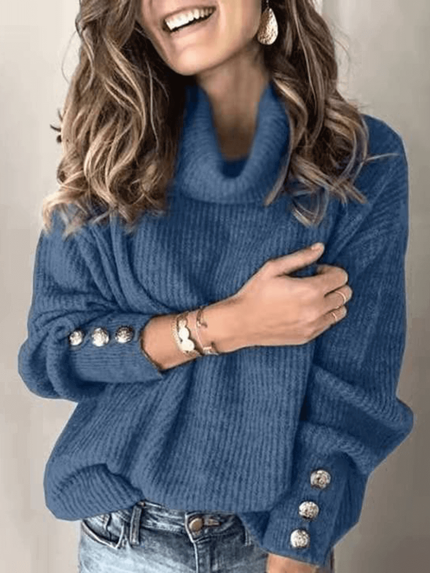 Heidi-Mode | Einfarbiger Pullover Knöpfe Hoher Kragen Lange Ärmel Frauen Lässige Mode Oversized Relaxed Winteroberteile