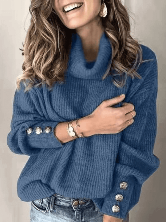Heidi-Mode | Einfarbiger Pullover Knöpfe Hoher Kragen Lange Ärmel Frauen Lässige Mode Oversized Relaxed Winteroberteile