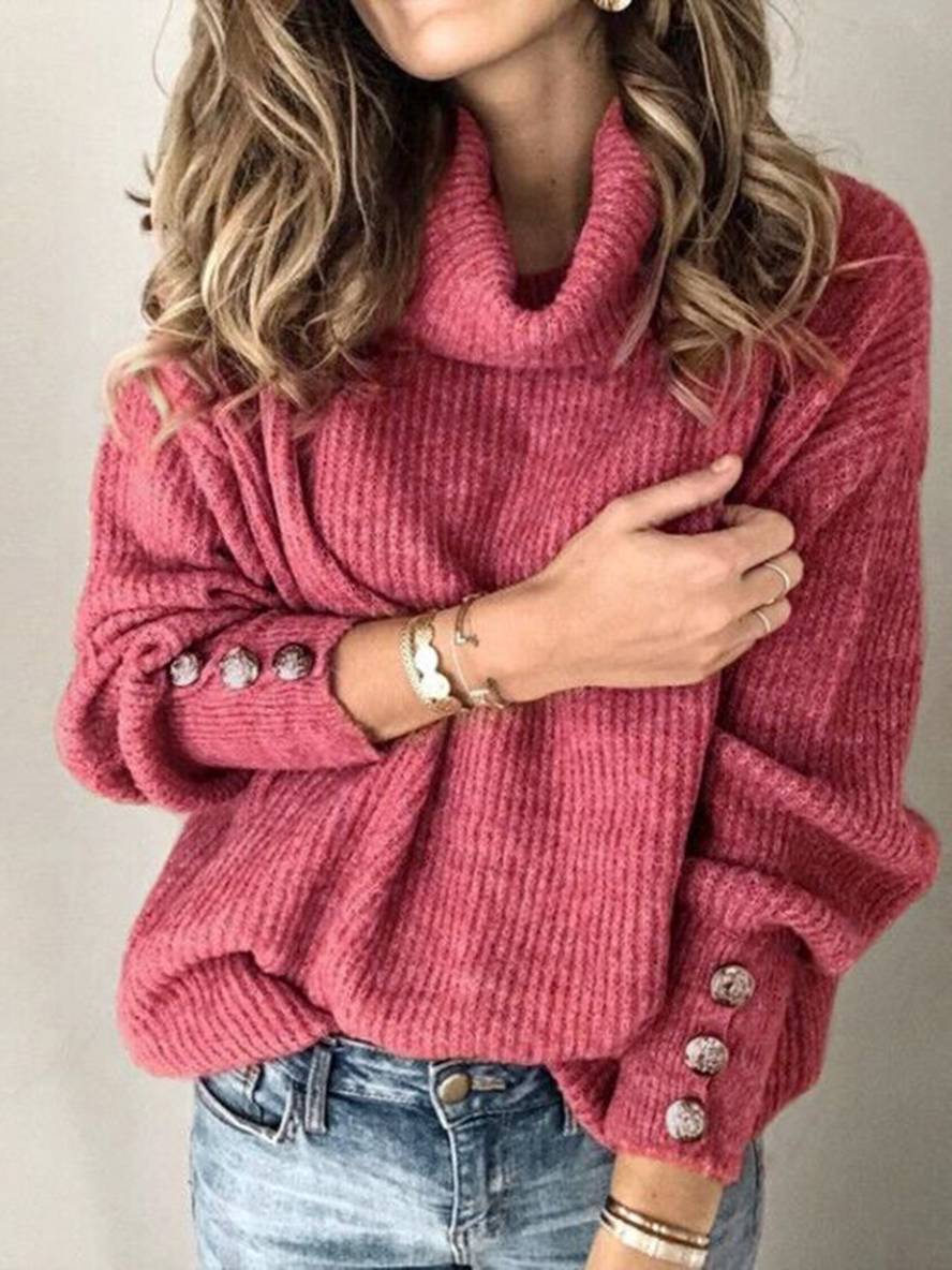 Heidi-Mode | Einfarbiger Pullover Knöpfe Hoher Kragen Lange Ärmel Frauen Lässige Mode Oversized Relaxed Winteroberteile