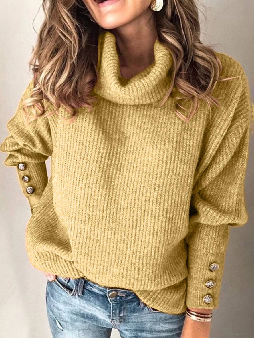 Heidi-Mode | Einfarbiger Pullover Knöpfe Hoher Kragen Lange Ärmel Frauen Lässige Mode Oversized Relaxed Winteroberteile