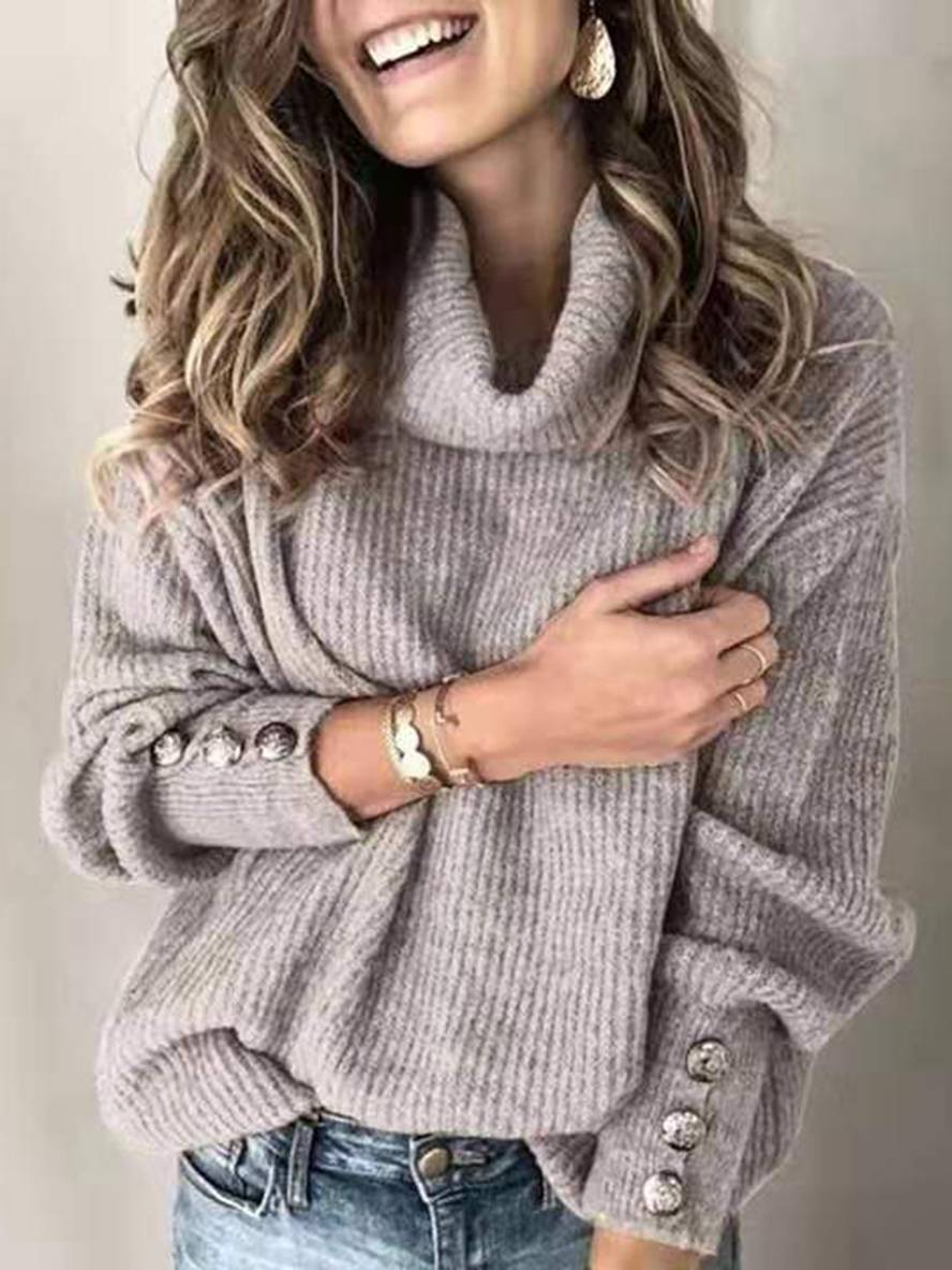Heidi-Mode | Einfarbiger Pullover Knöpfe Hoher Kragen Lange Ärmel Frauen Lässige Mode Oversized Relaxed Winteroberteile