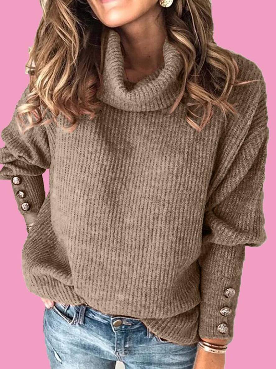 Heidi-Mode | Einfarbiger Pullover Knöpfe Hoher Kragen Lange Ärmel Frauen Lässige Mode Oversized Relaxed Winteroberteile