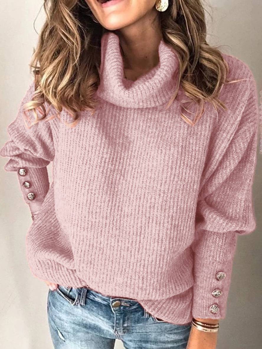 Heidi-Mode | Einfarbiger Pullover Knöpfe Hoher Kragen Lange Ärmel Frauen Lässige Mode Oversized Relaxed Winteroberteile