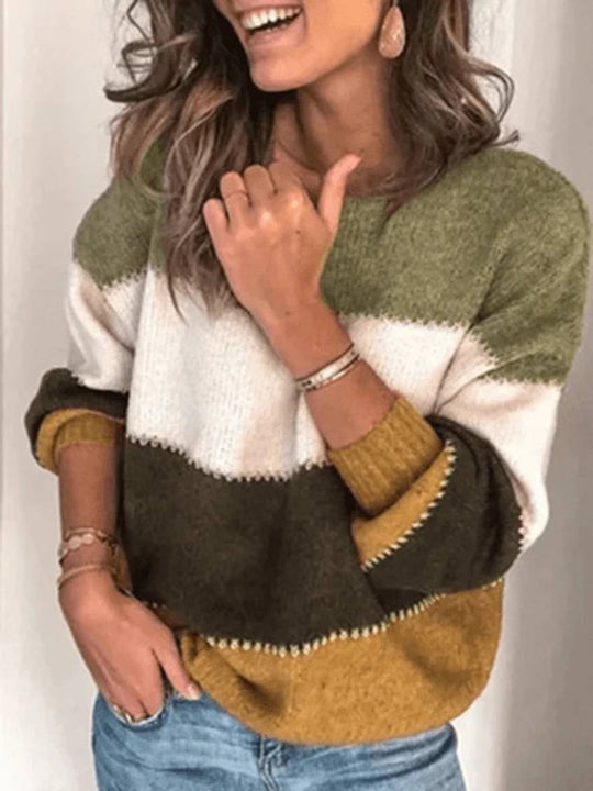 Heidi-Mode | Gestreifter Strickpullover Farbblock Rundhals Langarm Damen Freizeitmode Relaxed Herbst Winter