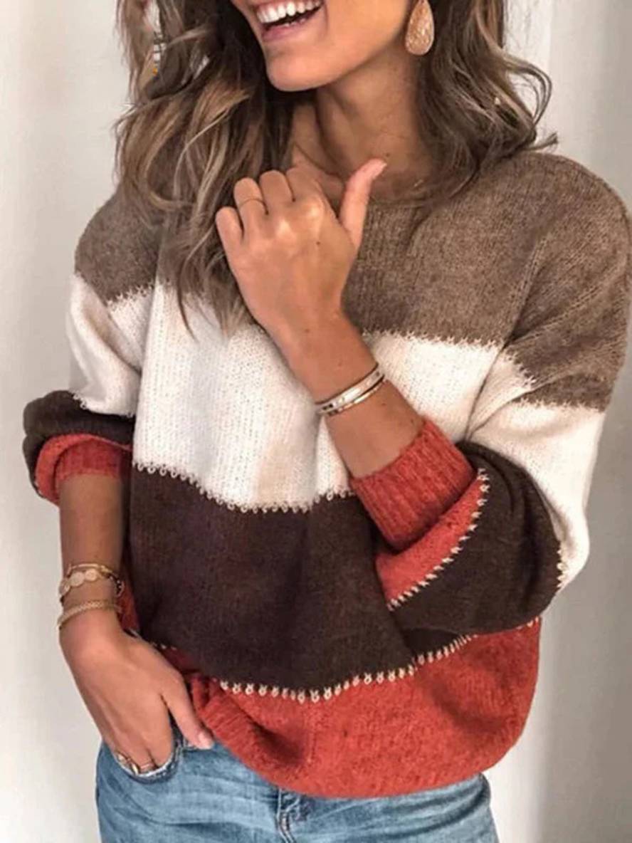 Heidi-Mode | Gestreifter Strickpullover Farbblock Rundhals Langarm Damen Freizeitmode Relaxed Herbst Winter