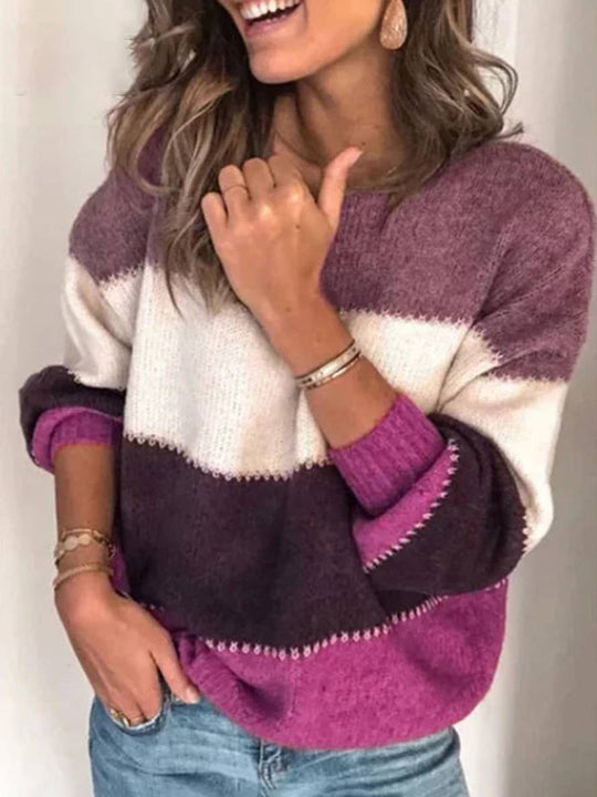 Heidi-Mode | Gestreifter Strickpullover Farbblock Rundhals Langarm Damen Freizeitmode Relaxed Herbst Winter