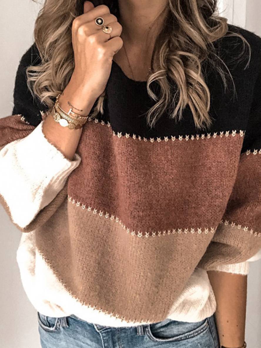 Heidi-Mode | Gestreifter Strickpullover Farbblock Rundhals Langarm Damen Freizeitmode Relaxed Herbst Winter