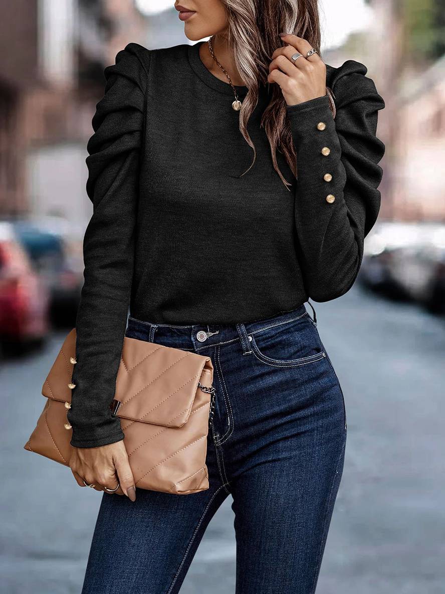 Heidi-Mode | Baumwollpullover Rundhals Puffärmel Langarm Damen Casual Elegant Mode Oberteile Herbst