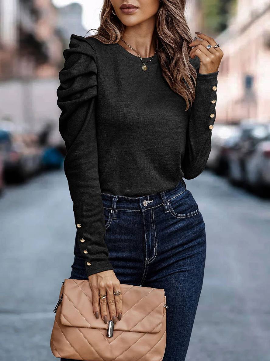 Heidi-Mode | Baumwollpullover Rundhals Puffärmel Langarm Damen Casual Elegant Mode Oberteile Herbst