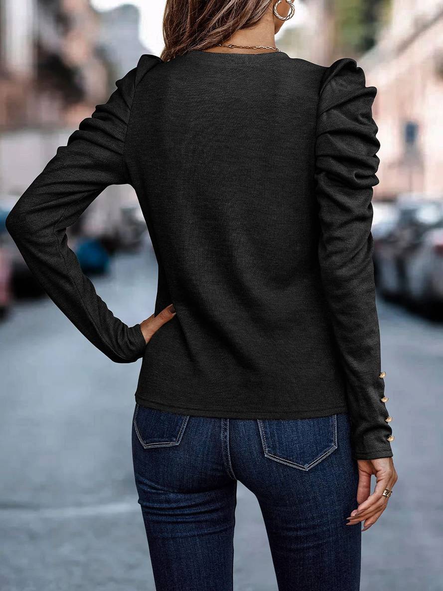 Heidi-Mode | Baumwollpullover Rundhals Puffärmel Langarm Damen Casual Elegant Mode Oberteile Herbst