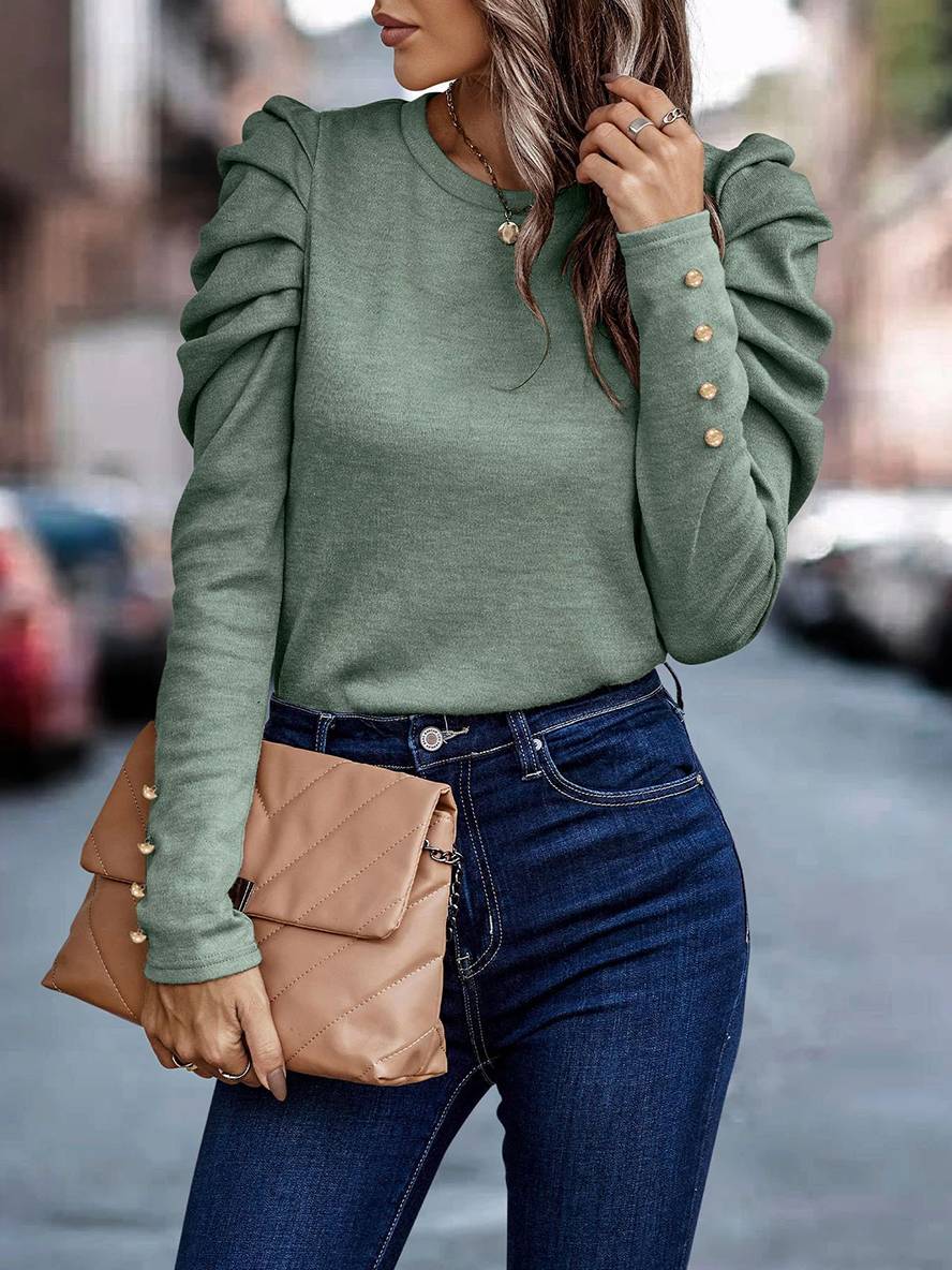 Heidi-Mode | Baumwollpullover Rundhals Puffärmel Langarm Damen Casual Elegant Mode Oberteile Herbst