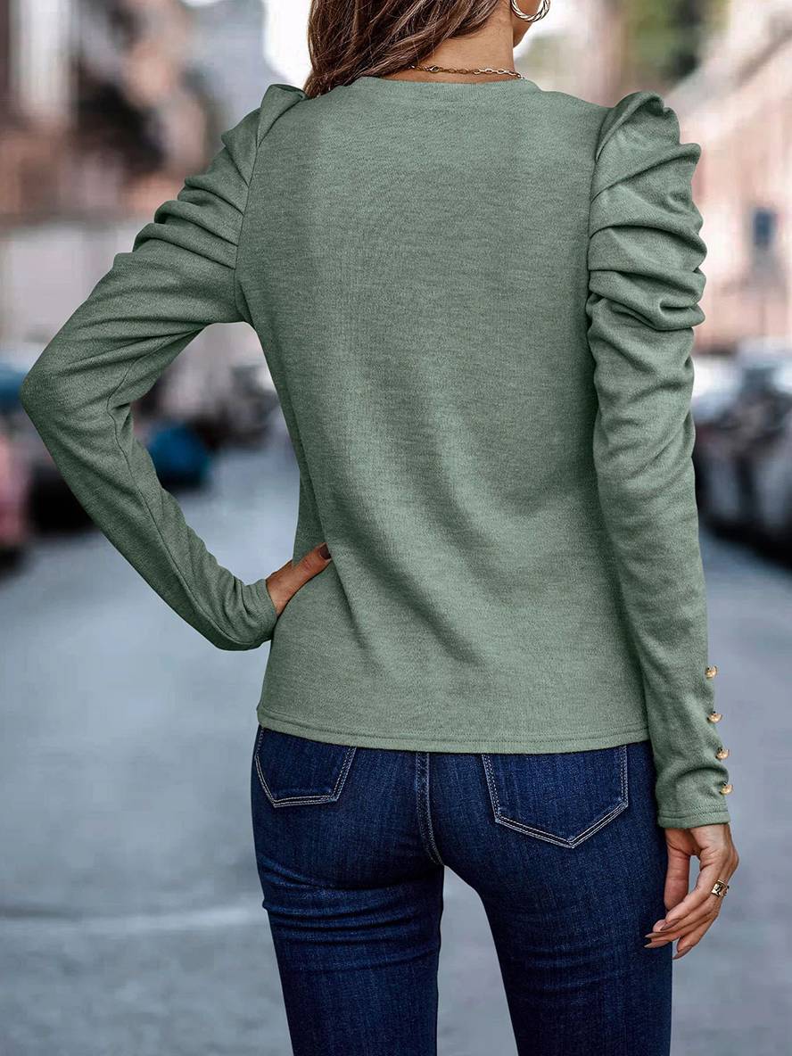 Heidi-Mode | Baumwollpullover Rundhals Puffärmel Langarm Damen Casual Elegant Mode Oberteile Herbst