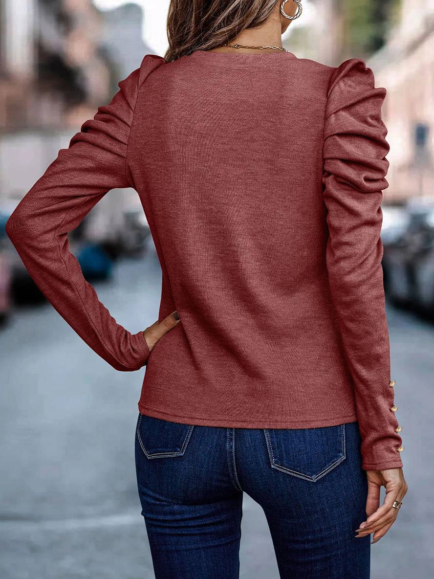 Heidi-Mode | Baumwollpullover Rundhals Puffärmel Langarm Damen Casual Elegant Mode Oberteile Herbst