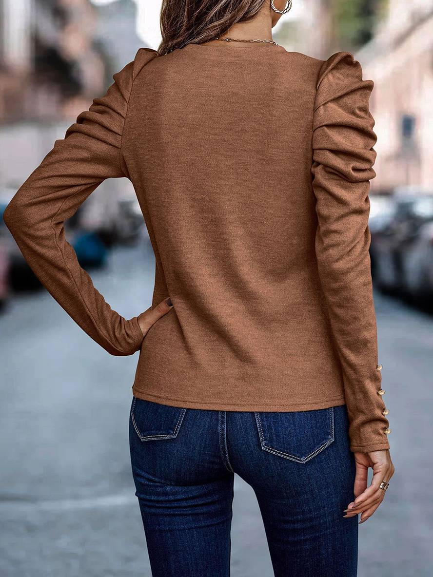 Heidi-Mode | Baumwollpullover Rundhals Puffärmel Langarm Damen Casual Elegant Mode Oberteile Herbst