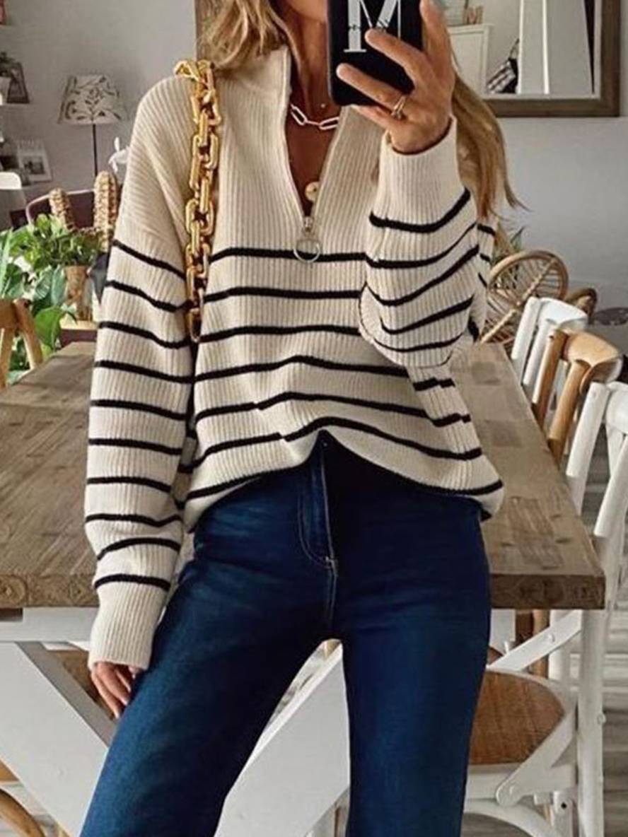 Heidi-Mode | Streifenpullover Mohair Angora V-Ausschnitt Reißverschluss Rundkragen Damen Lässige Mode Freizeitbekleidung