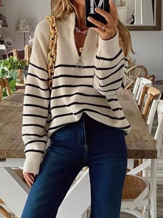 Heidi-Mode | Streifenpullover Mohair Angora V-Ausschnitt Reißverschluss Rundkragen Damen Lässige Mode Freizeitbekleidung