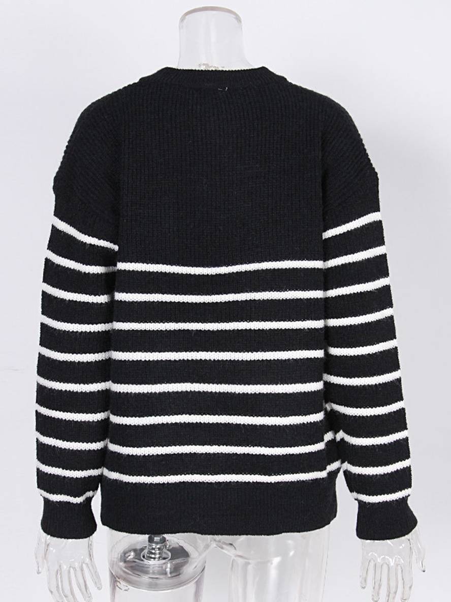 Heidi-Mode | Streifenpullover Mohair Angora V-Ausschnitt Reißverschluss Rundkragen Damen Lässige Mode Freizeitbekleidung