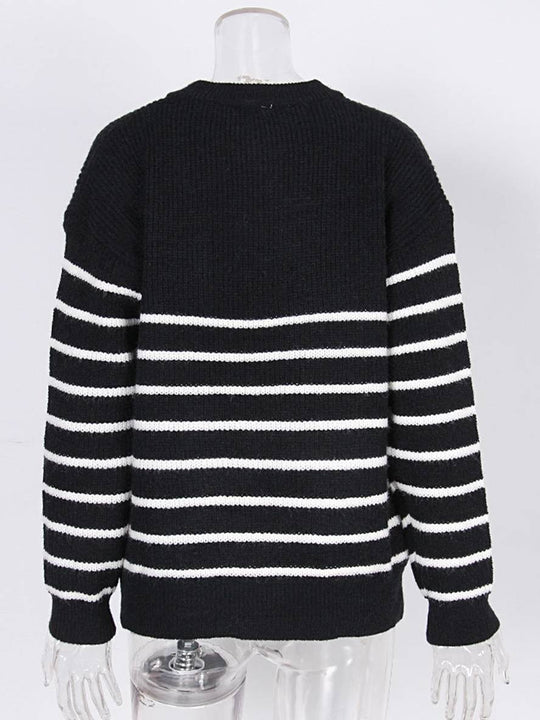 Heidi-Mode | Streifenpullover Mohair Angora V-Ausschnitt Reißverschluss Rundkragen Damen Lässige Mode Freizeitbekleidung