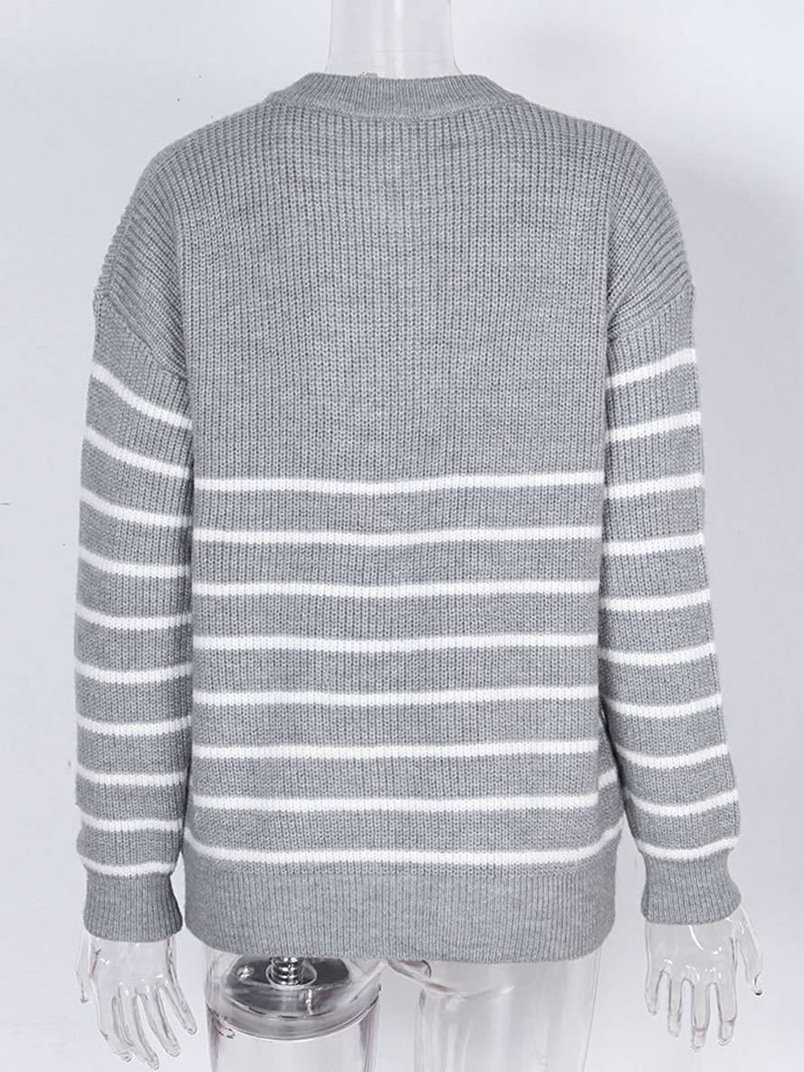 Heidi-Mode | Streifenpullover Mohair Angora V-Ausschnitt Reißverschluss Rundkragen Damen Lässige Mode Freizeitbekleidung