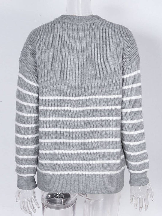 Heidi-Mode | Streifenpullover Mohair Angora V-Ausschnitt Reißverschluss Rundkragen Damen Lässige Mode Freizeitbekleidung