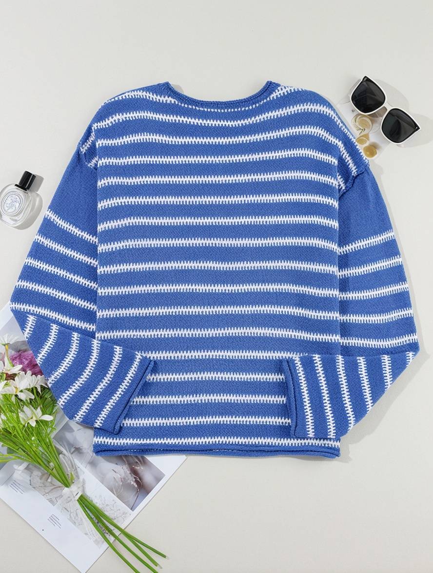 Heidi-Mode | Gestreifter Pulli Rundhals Lange Ärmel Damen Elegant Lässig Übergröße