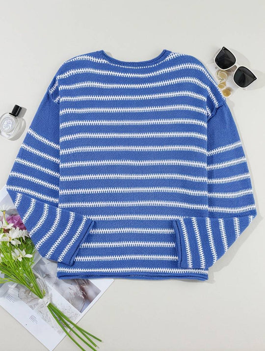 Heidi-Mode | Gestreifter Pulli Rundhals Lange Ärmel Damen Elegant Lässig Übergröße