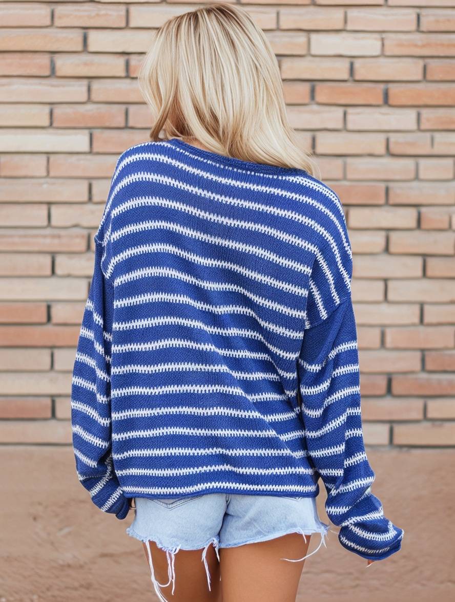 Heidi-Mode | Gestreifter Pulli Rundhals Lange Ärmel Damen Elegant Lässig Übergröße