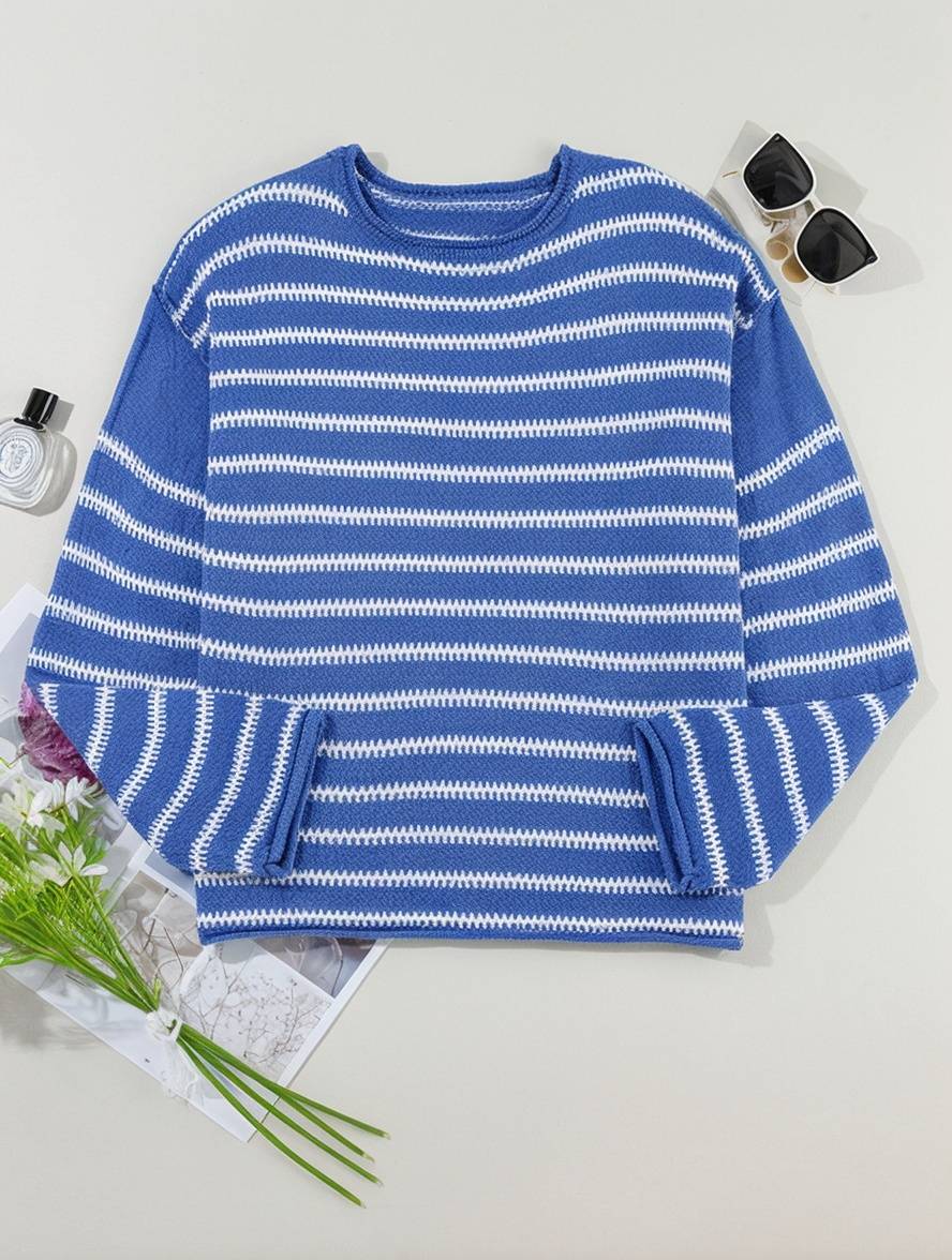 Heidi-Mode | Gestreifter Pulli Rundhals Lange Ärmel Damen Elegant Lässig Übergröße
