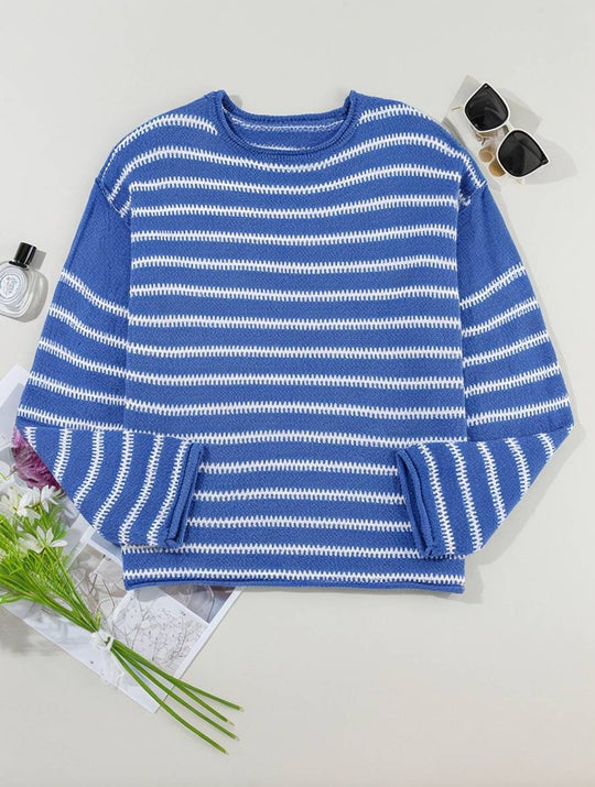 Heidi-Mode | Gestreifter Pulli Rundhals Lange Ärmel Damen Elegant Lässig Übergröße
