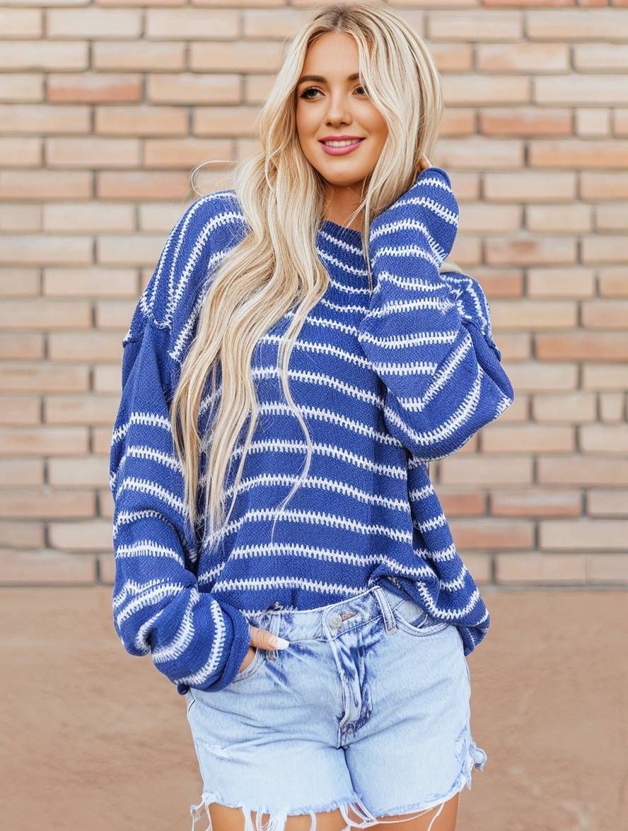 Heidi-Mode | Gestreifter Pulli Rundhals Lange Ärmel Damen Elegant Lässig Übergröße