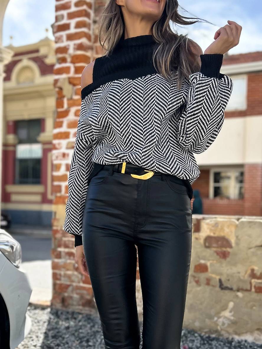 Heidi-Mode | Pull Chevron Schulter Ausschnitte Stehkragen Lange Ärmel Damen Elegant Lässig Weit Casual Oberteile