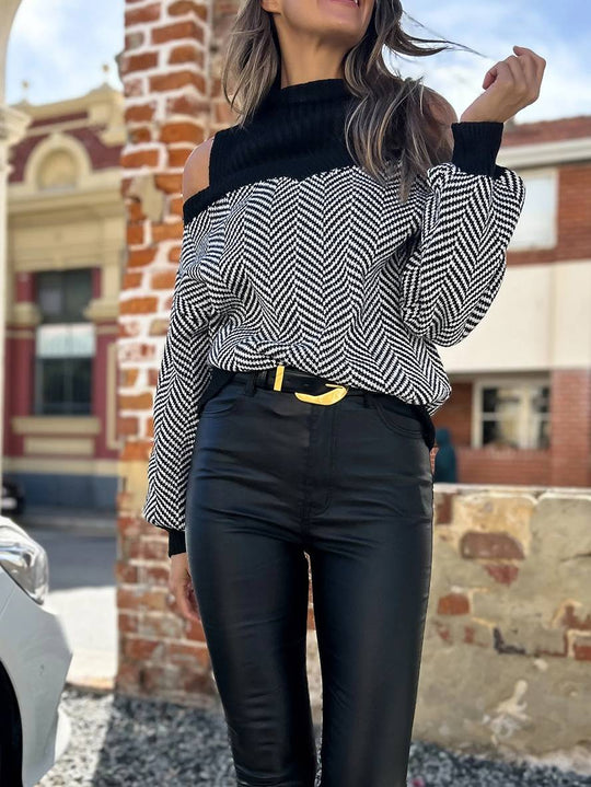 Heidi-Mode | Pull Chevron Schulter Ausschnitte Stehkragen Lange Ärmel Damen Elegant Lässig Weit Casual Oberteile