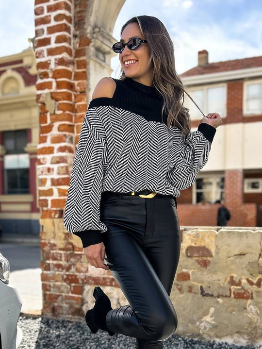 Heidi-Mode | Pull Chevron Schulter Ausschnitte Stehkragen Lange Ärmel Damen Elegant Lässig Weit Casual Oberteile