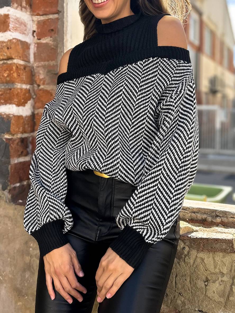 Heidi-Mode | Pull Chevron Schulter Ausschnitte Stehkragen Lange Ärmel Damen Elegant Lässig Weit Casual Oberteile