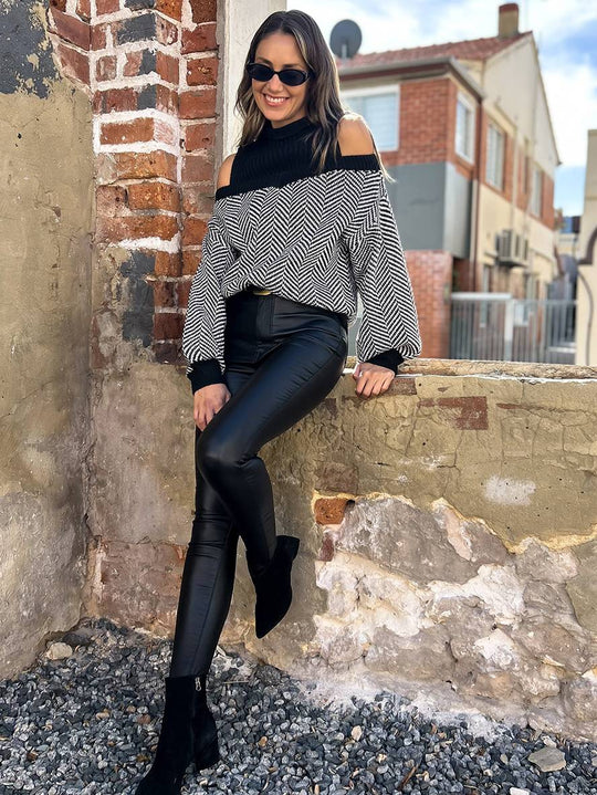 Heidi-Mode | Pull Chevron Schulter Ausschnitte Stehkragen Lange Ärmel Damen Elegant Lässig Weit Casual Oberteile