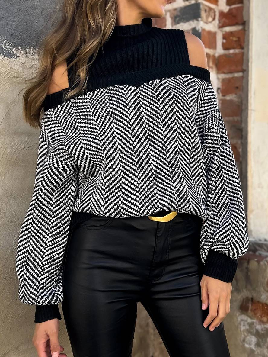 Heidi-Mode | Pull Chevron Schulter Ausschnitte Stehkragen Lange Ärmel Damen Elegant Lässig Weit Casual Oberteile