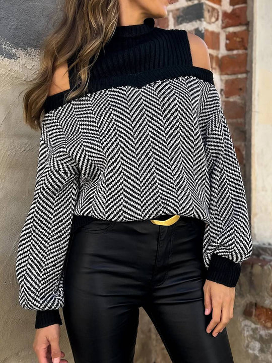 Heidi-Mode | Pull Chevron Schulter Ausschnitte Stehkragen Lange Ärmel Damen Elegant Lässig Weit Casual Oberteile