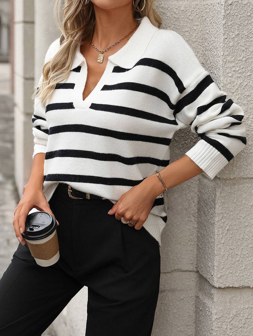 Heidi-Mode | Gestreifter Pullover Langarm Damen Elegant Lässig Mode Weite Oberteile