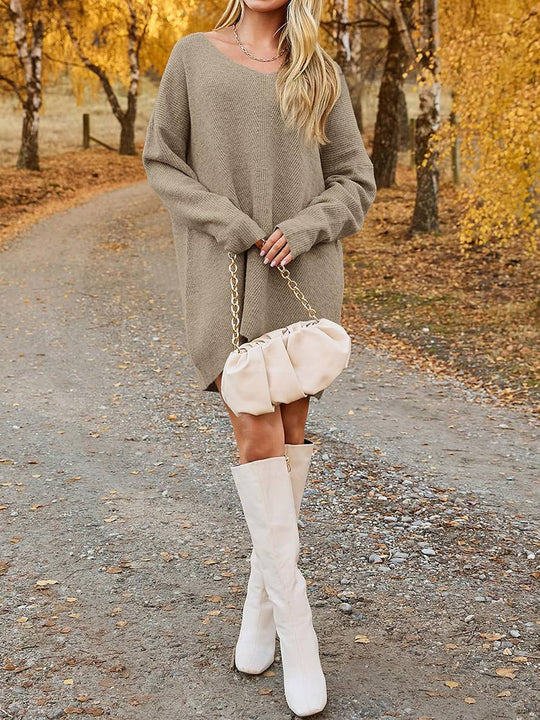 Heidi-Mode | Pullover Kleid V-Ausschnitt Lange Ärmel Damen Elegant Lässig Weit Casual