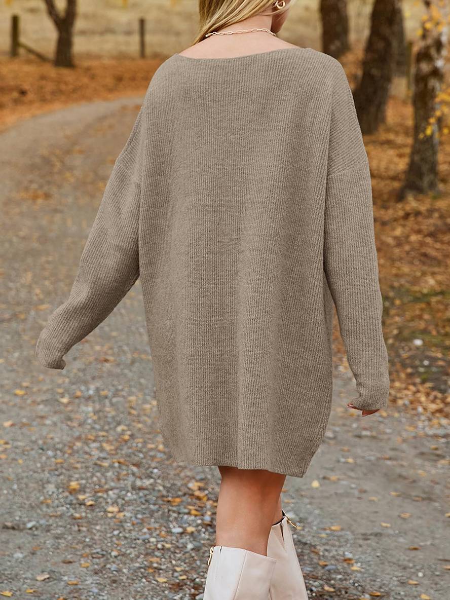 Heidi-Mode | Pullover Kleid V-Ausschnitt Lange Ärmel Damen Elegant Lässig Weit Casual