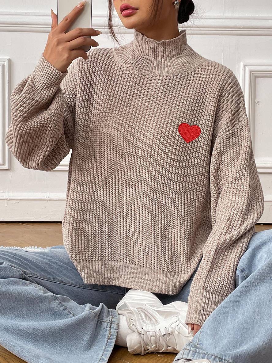 Heidi-Mode | Pullover aus Einfarbigem Strick mit Besticktem Herz, Hoher Kragen, Bischofärmel, Damen, Elegant, Lässig, Weich, Casual, Oberteile