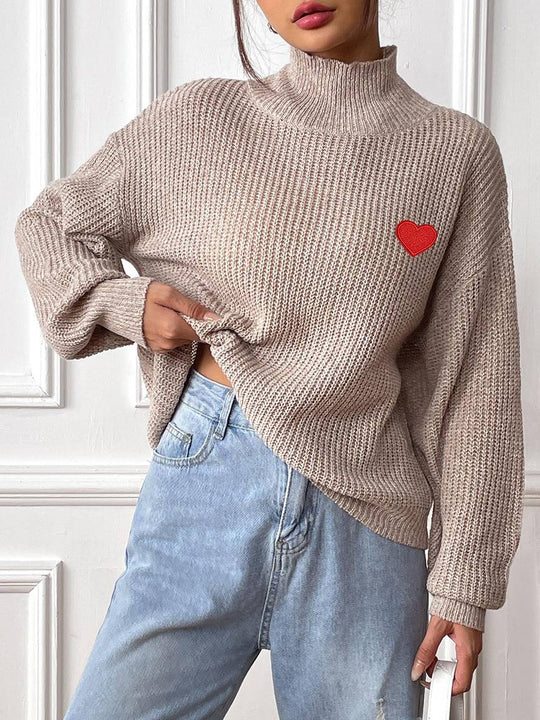 Heidi-Mode | Pullover aus Einfarbigem Strick mit Besticktem Herz, Hoher Kragen, Bischofärmel, Damen, Elegant, Lässig, Weich, Casual, Oberteile