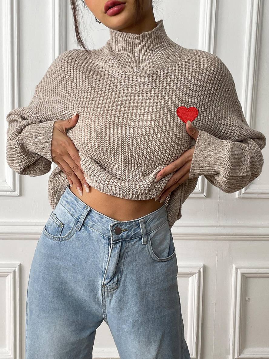 Heidi-Mode | Pullover aus Einfarbigem Strick mit Besticktem Herz, Hoher Kragen, Bischofärmel, Damen, Elegant, Lässig, Weich, Casual, Oberteile