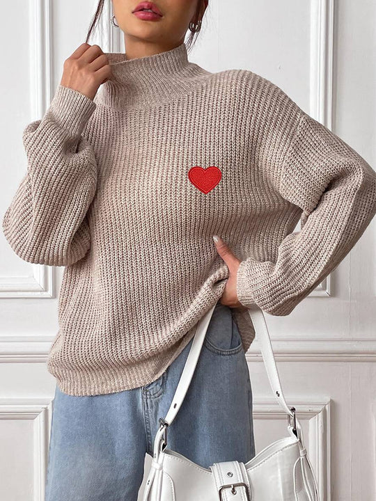 Heidi-Mode | Pullover aus Einfarbigem Strick mit Besticktem Herz, Hoher Kragen, Bischofärmel, Damen, Elegant, Lässig, Weich, Casual, Oberteile