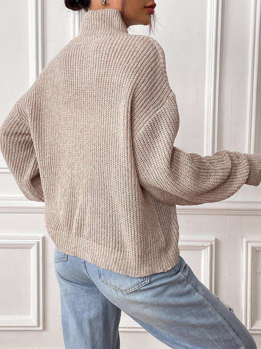 Heidi-Mode | Pullover aus Einfarbigem Strick mit Besticktem Herz, Hoher Kragen, Bischofärmel, Damen, Elegant, Lässig, Weich, Casual, Oberteile