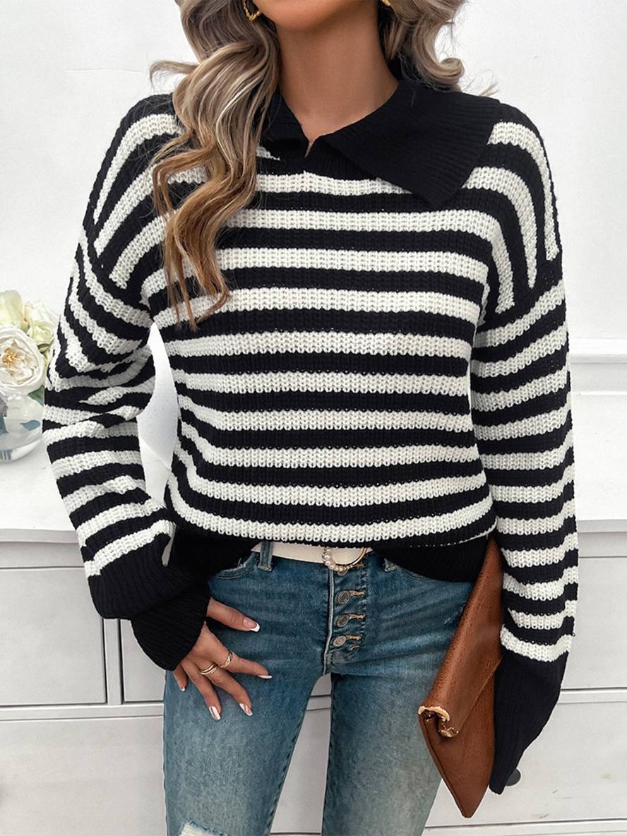 Heidi-Mode | Gestreifter Polo-Pullover mit Langen Ärmeln Damen Elegante Freizeitoberteile